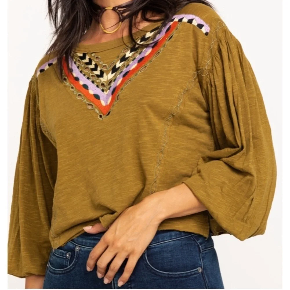 Free People | Hand Me Down Embroidered Top Moss Green Size Large